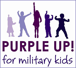 kids jumping in the air below the text "Purple Up! for Military Kids"