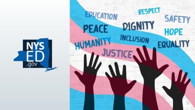 Silhouettes of hands against a white brick wall with a blue and pink banner. The words "education, respect, safety, peace, dignity, hope, humanity, inclusion, equality and justice" are written on the wall.